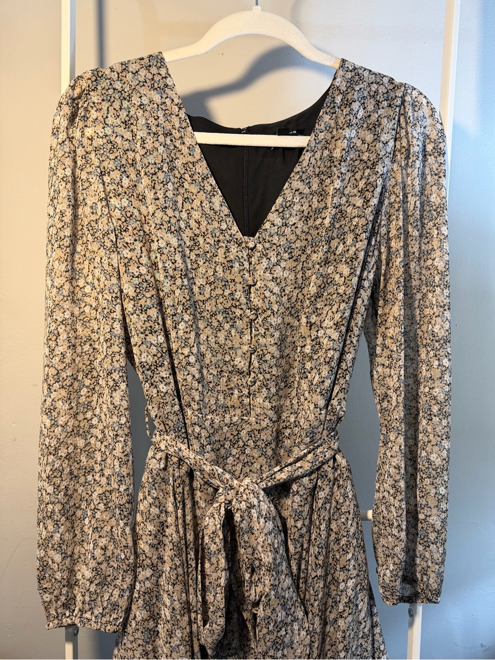 Express Black, light blue and Cream Floral Long-Sleeve Wrap Midi Dress